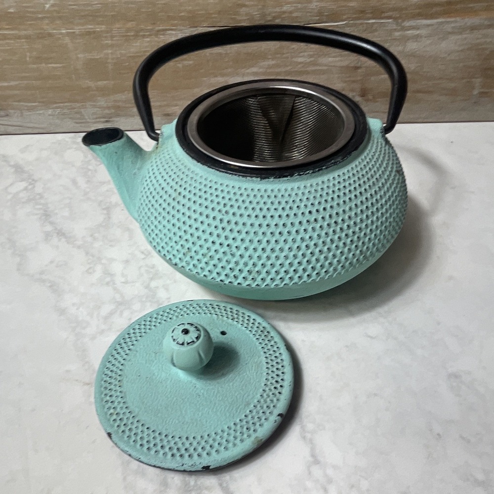 Turquoise Cast Iron Teapot w/ Stainless Infuser, Matte Textured Japanese 4 Cup - Picture 7 of 9